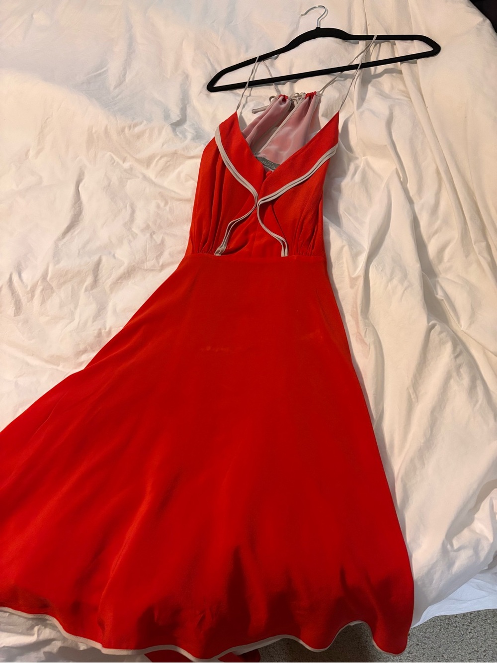 Anthropologie Girls From Savoy Red Halter Dress Gray Trim Belt 2010
